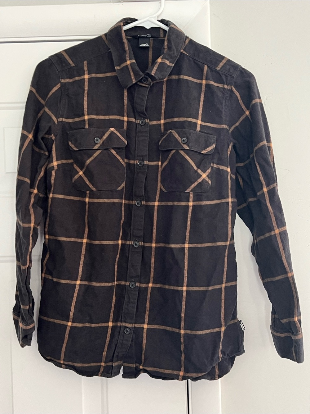 Women’s flannel Eddie Bauer Black Button-Down Shirt with Tan Windowpane Plaid
